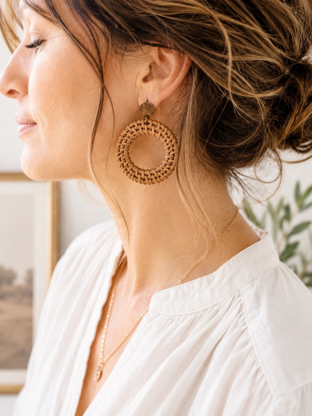 Boho-Style Rattan/Wicker Post Earrings with gold accents